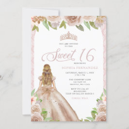 Invitación Rosa de Rubor Floral Princesa Tiara Sweet 16