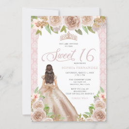 Invitación Rosa de Rubor Floral Princesa Tiara Sweet 16