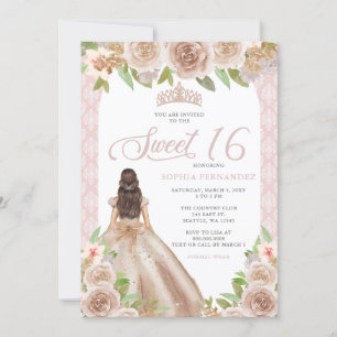 Invitación Rosa de Rubor Floral Princesa Tiara Sweet 16