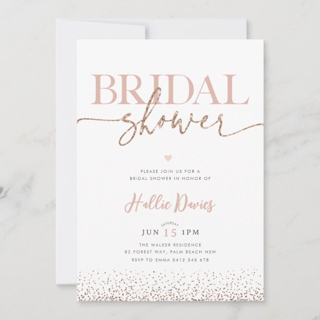 Invitación Rosa de Rubor Purpurina de oro Bonito Bridal Showe (Anverso)