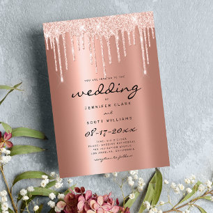 Invitación rosa de Rubor purpurina de oro gotea guion script 