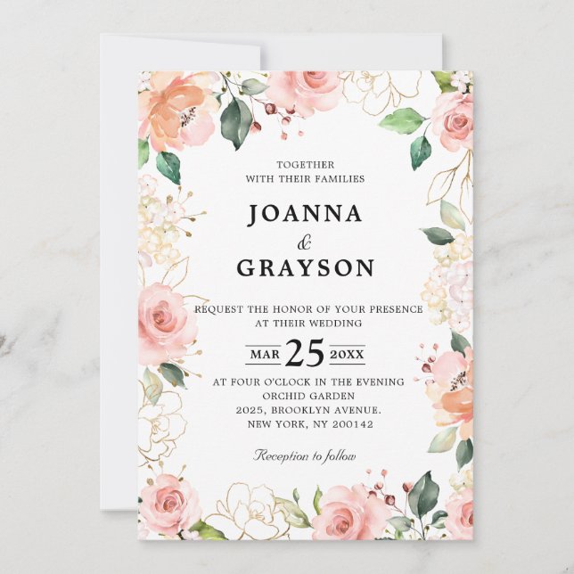 Invitación Rosa de Rubor rosa Pastel Boda Botánico Floral (Anverso)