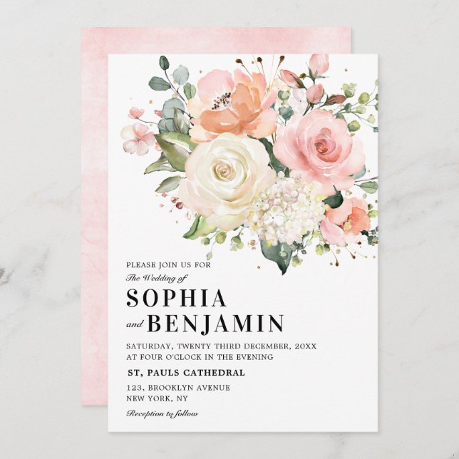 Invitación Rosa de Rubor rosa Pastel Boda Botánico Floral (Anverso / Reverso)
