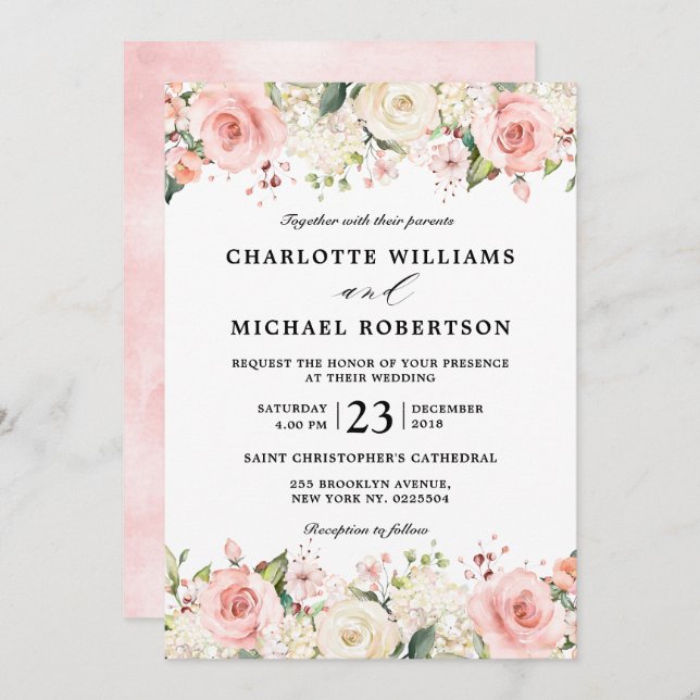 Invitación Rosa de Rubor rosa Pastel Boda Botánico Floral (Anverso / Reverso)