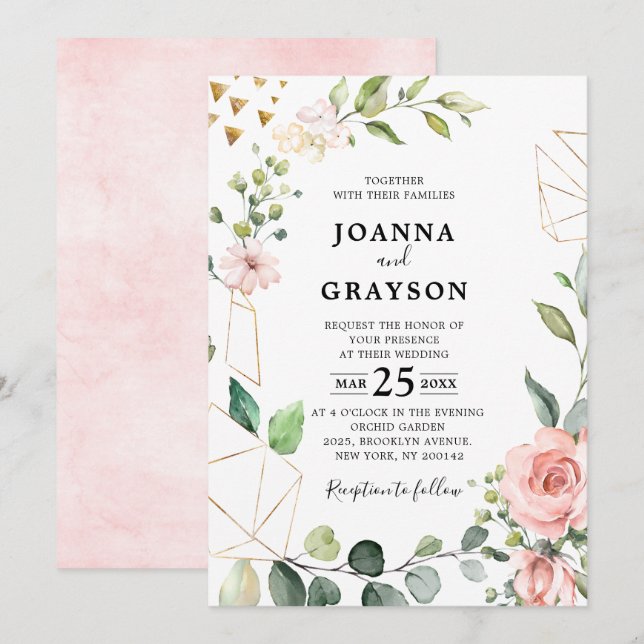 Invitación Rosa de Rubor rosa Pastel Boda Botánico Floral (Anverso / Reverso)