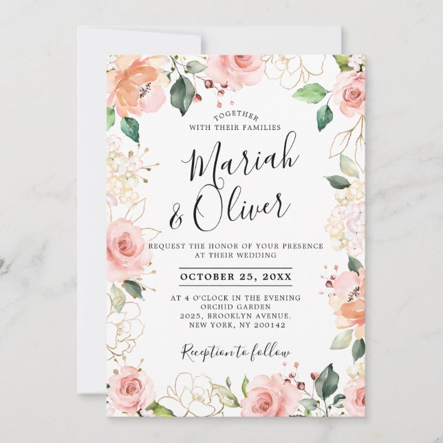 Invitación Rosa de Rubor rosa Pastel Boda Botánico Floral (Anverso)