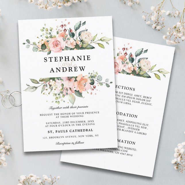 Invitación Rosa de Rubor rosa Pastel Boda Botánico Floral (Pastel pink blush rose floral wedding invitation with details on back)