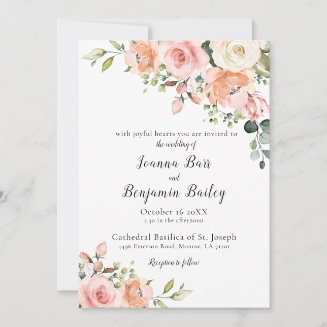 Invitación Rosa de Rubor rosa Pastel Boda Botánico Floral (Anverso)