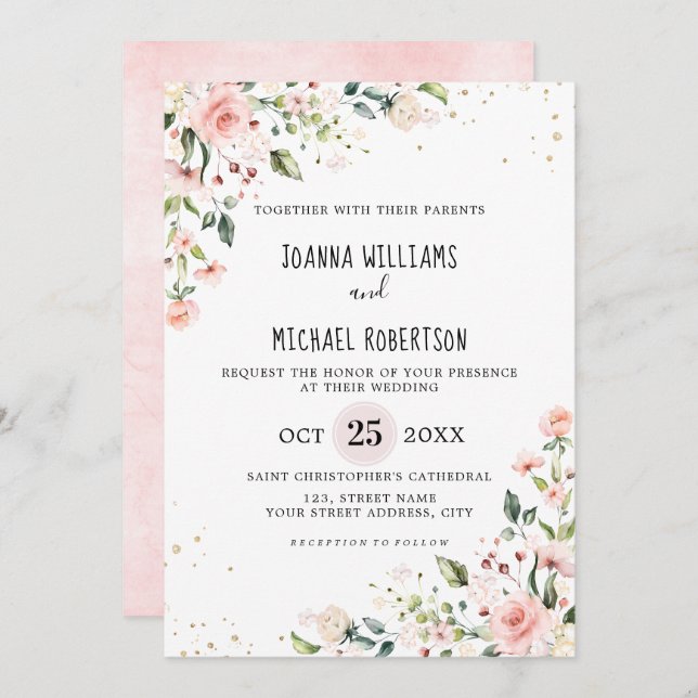 Invitación Rosa de Rubor rosa Pastel Boda Botánico Floral (Anverso / Reverso)