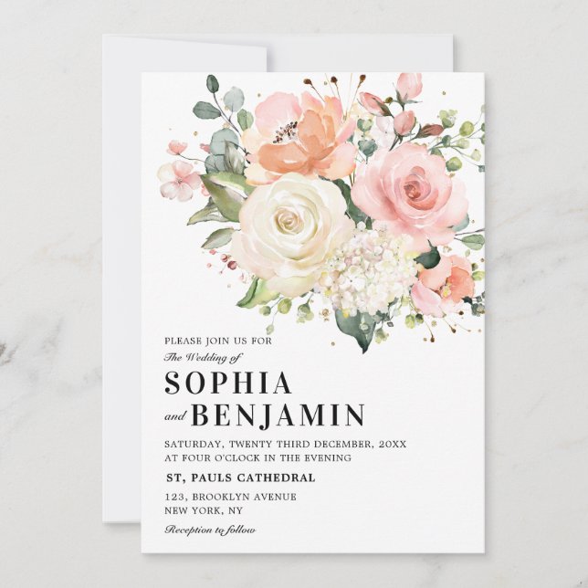 Invitación Rosa de Rubor rosa Pastel Boda Botánico Floral (Anverso)