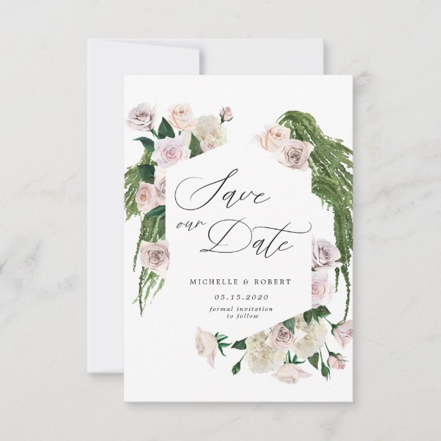 Invitación rosa de Rubor sofisticado floral Guardar la tarjet (Anverso)