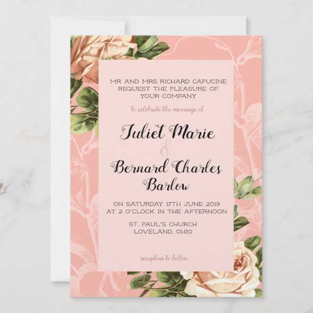 Invitación Rosa de Rubor Vintage Boda (Anverso)