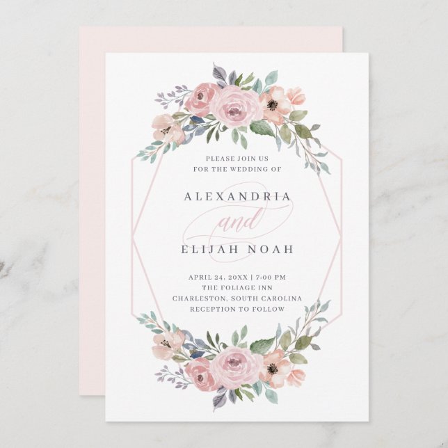 Invitación Rosa de Rubor y el | floral geométrico subió que (Anverso / Reverso)