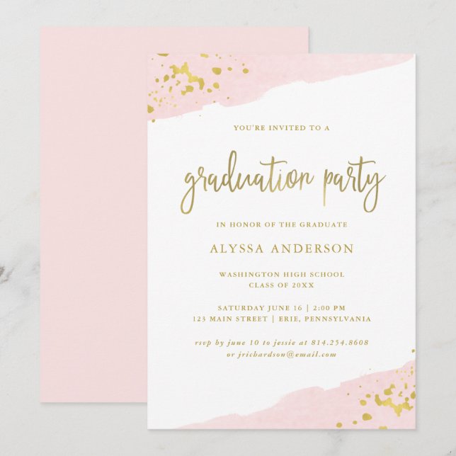 Invitación Rosa de Rubor y fiesta de graduación de la (Anverso / Reverso)