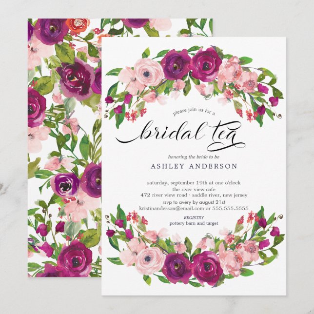 Invitación Rosa de Rubor y té nupcial floral de Marsala (Anverso / Reverso)