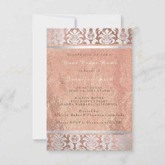 Invitación Rosa de seda Dorado Copper Plata Damask Nodal 16 (Anverso)