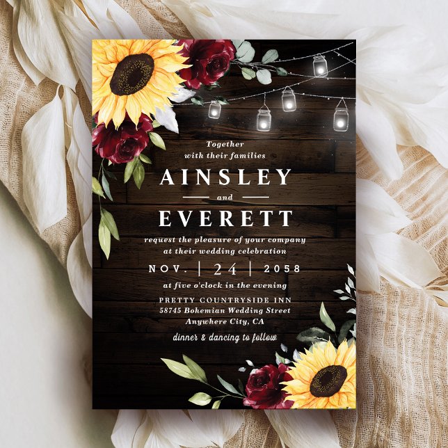 Invitación Rosa de Sunflower Borgoña Mason Jar Boda Temático (Subido por el creador)