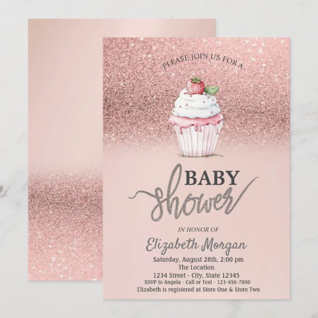 Invitación Rosa de tarta de fresa Purpurina de oro Baby Showe (Anverso / Reverso)