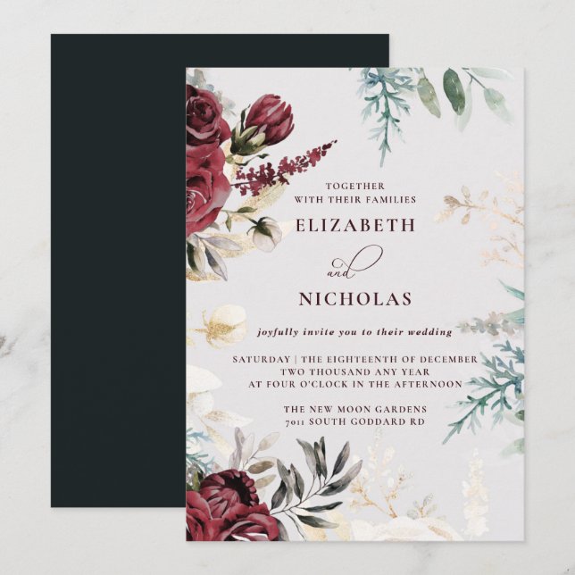 Invitación Rosa de terciopelo oscuro de Borgoña | Boda de inv (Anverso / Reverso)