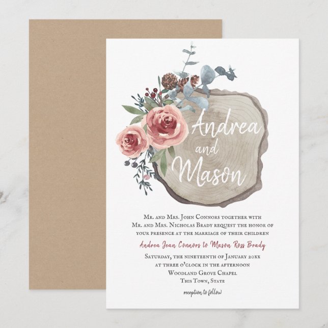 Invitación Rosa de trozo de madera y Boda de eucalipto (Anverso / Reverso)