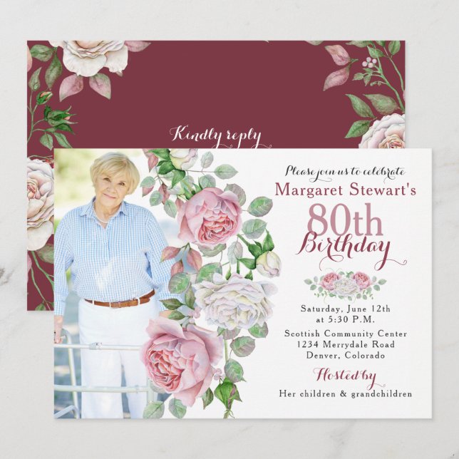 Invitación Rosa de un país rosa de Borgoña Foto 80 cumpleaños (Anverso / Reverso)