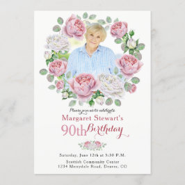 Invitación Rosa de un país rosa Wreath Foto 90 cumpleaños