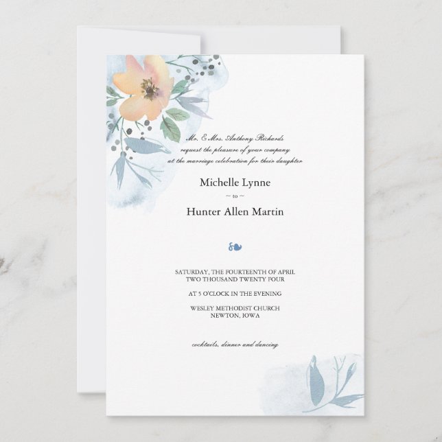 Invitación Rosa de una sola vez y Boda azul turbio (Anverso)