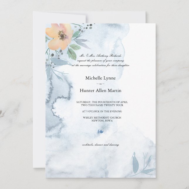 Invitación Rosa de una sola vez y Boda azul turbio 2 (Anverso)