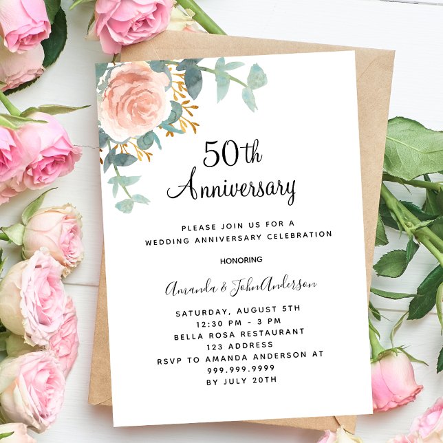 Invitación Rosa de vegetación floral rosa 50 aniversario boda (Subido por el creador)