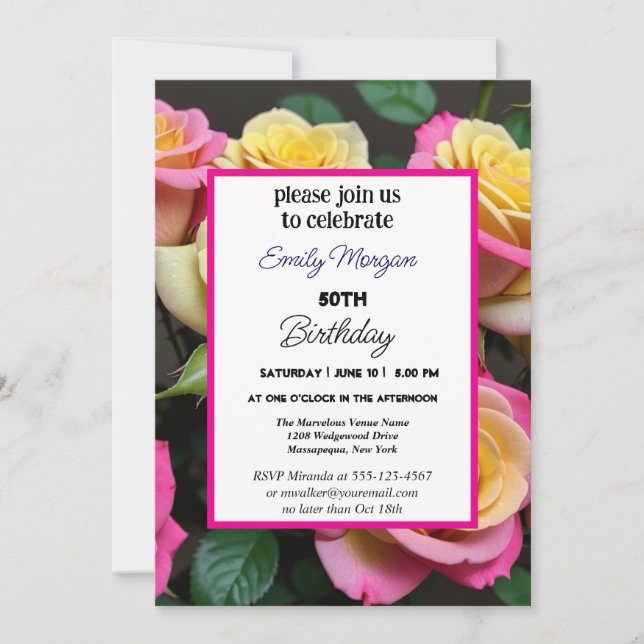 Invitación Rosa de verano Jardín Floral rosa 50 cumpleaños (Anverso)