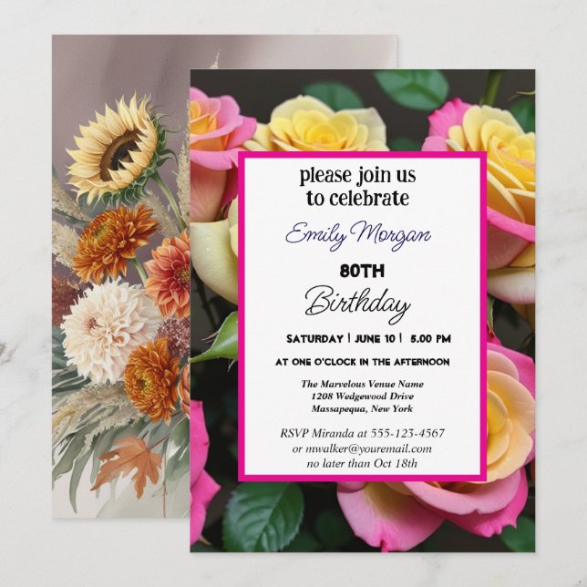 Invitación Rosa de verano Jardín Floral rosa 80 cumpleaños (Anverso / Reverso)
