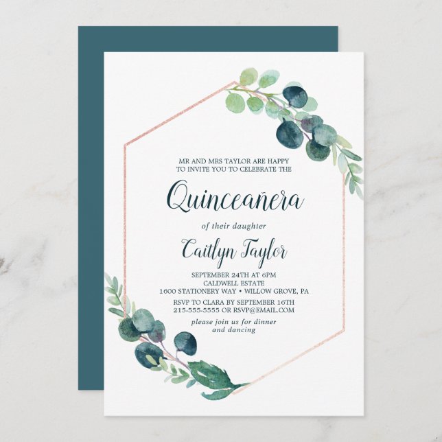 Invitación Rosa de verde exuberante oro Geométrico Quinceañer (Anverso / Reverso)
