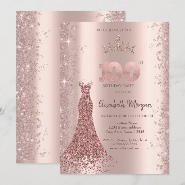 Invitación Rosa de vestido de diamantes con polvo de brillo d (Anverso / Reverso)