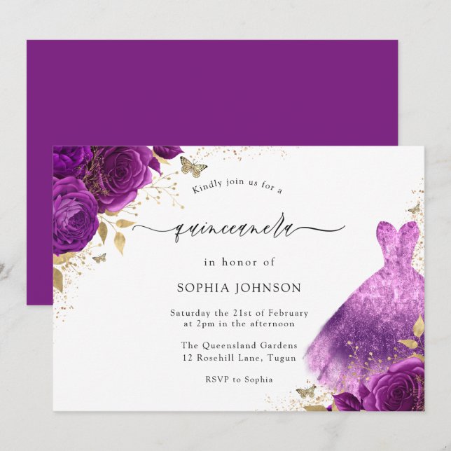 Invitación Rosa De Vestido De Espuma Púrpura Rosa Quinceanera (Anverso / Reverso)