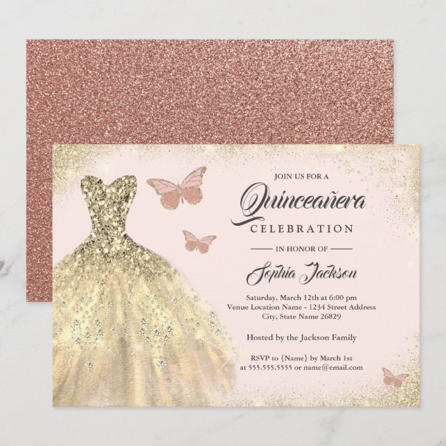 Invitación Rosa De Vestido De Oro Mariposa De Oro Quinceanera (Anverso / Reverso)