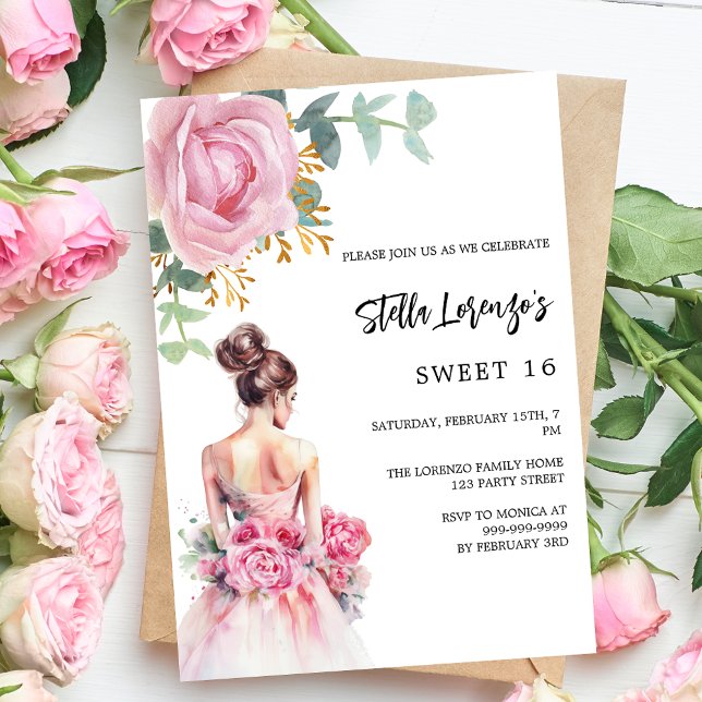 Invitación Rosa de vestido rosa floral Sweet 16 (Subido por el creador)