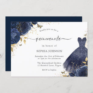 Invitación Rosa de vestidos de manto de oro y marina Quincean