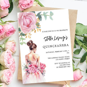 Invitación Rosa de vestimenta rosa floral Quinceanera lujo