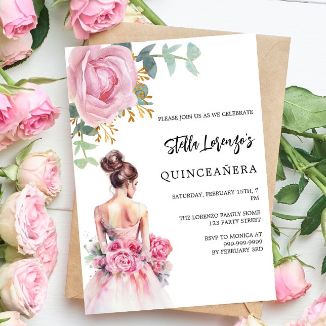 Invitación Rosa de vestimenta rosa floral Quinceanera lujo (Subido por el creador)