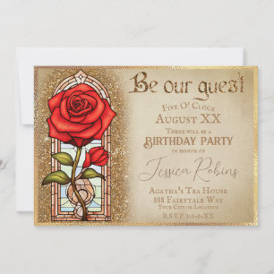 Invitación Rosa de Vidrio Teñido Tema La Bella y la Bestia