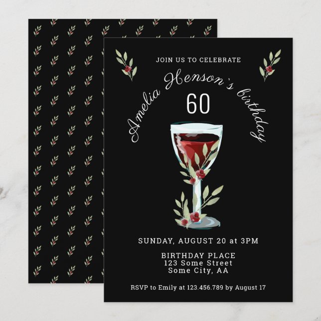 Invitación Rosa de vino rojo acuarela Marina Azul 60 cumpleañ (Anverso / Reverso)