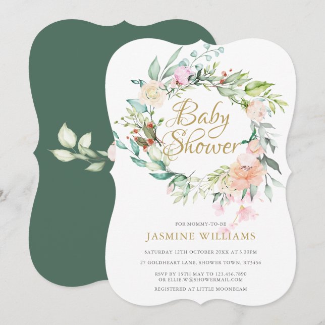 Invitación Rosa de Woodland Garland Baby Shower / Sprinkle (Anverso / Reverso)