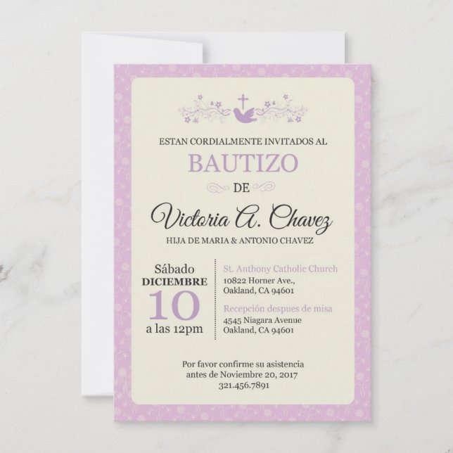 Invitación rosa del bautismo - Español (Anverso)