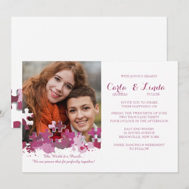 Invitación rosa del Boda de fotos de rompecabezas (Anverso / Reverso)