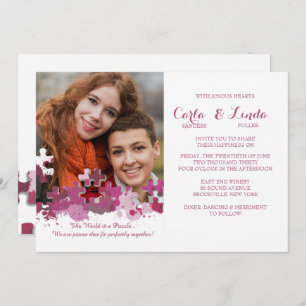 Invitación rosa del Boda de fotos de rompecabezas