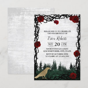 Invitación Rosa del bosque de hadas y pájaro de oro de espino