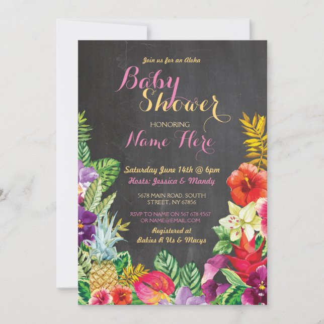 Invitación rosa del Chica de Aloha Baby Shower Tro (Anverso)