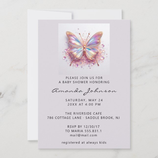 Invitación Rosa del Chica de mariposa de Baby Shower Holograp (Anverso)