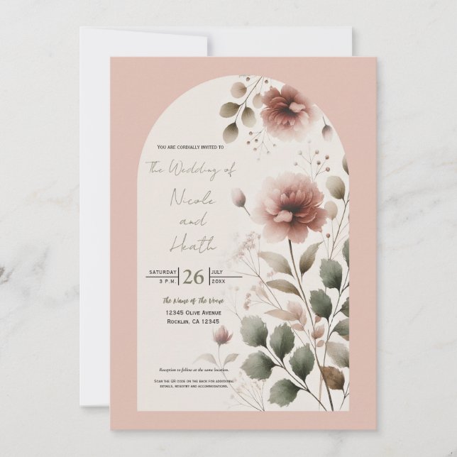 Invitación Rosa del desierto Boda de vegetación floral rosa y (Anverso)