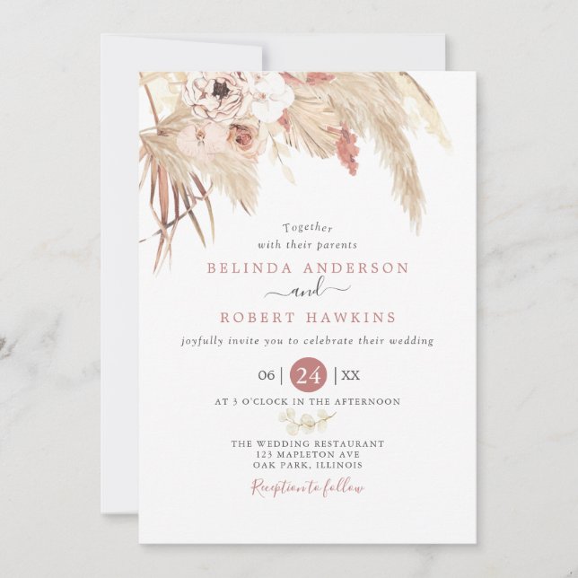 Invitación Rosa del desierto Boho Pampas Boda de Grass (Anverso)